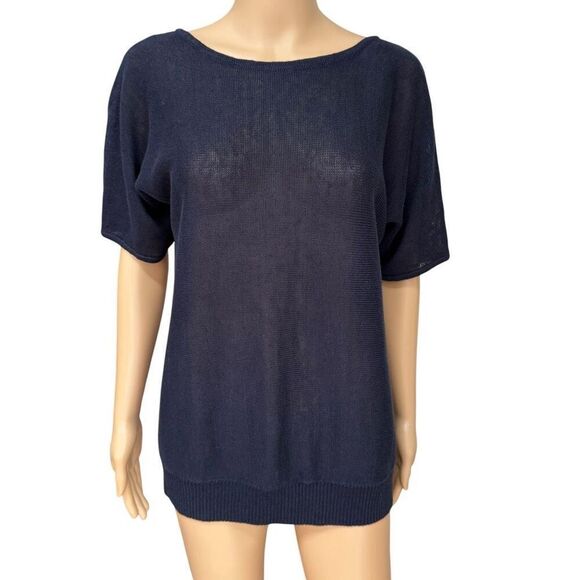 Talbots 100% linen loose knit short sleeve sweater size M navy blue - Picture 1 of 6